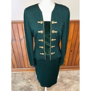 St. John Womens Hunter Green Santana Knit Gold Button 3 Piece Skirt Suit 8